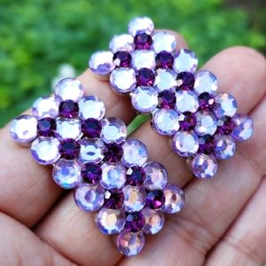 Dazzling Vintage Layered Light Dark Purple Flat Back Crystal Silvertone Earrings